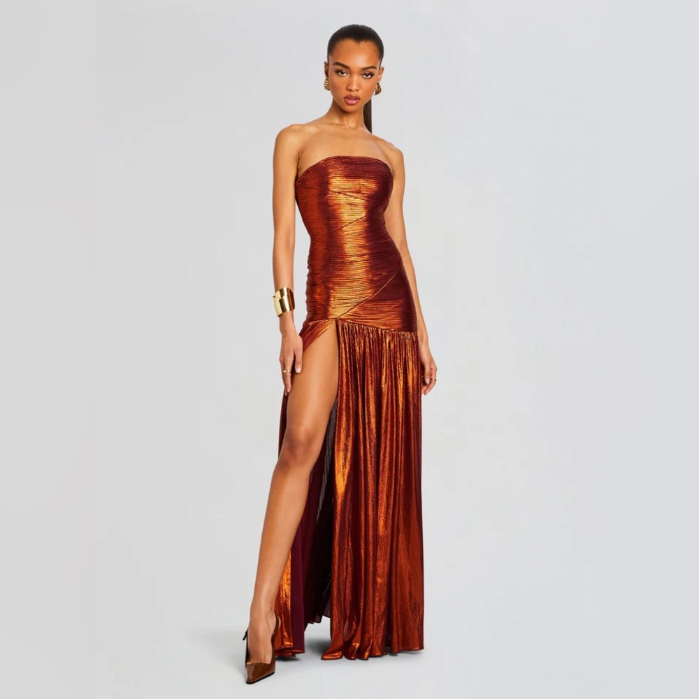 Retrofete Metallic Copper Strapless Maxi Gown with High Slit